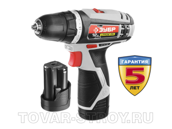Дрель-шуруповерт ЗУБР Li-lon (ДА-12-2-Ли КНМ1) 12 В, 1.5 А-ч, 10 мм, 25 Н-м, 0-360/0-1400 об/мин, БЗУ, 2 АКБ