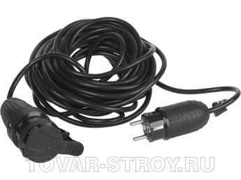 Удлинитель-шнур IP-44 ЗУБР ПРОФИ, 1 гнездо, ПВС 3х1, черный, макс. мощность 2200 Вт, 20 м (55016-20)