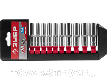 Наборы торцовых головок 3/8" ЗУБР удлиненные, 27655-Н10, 10-19 мм, 10 предметов