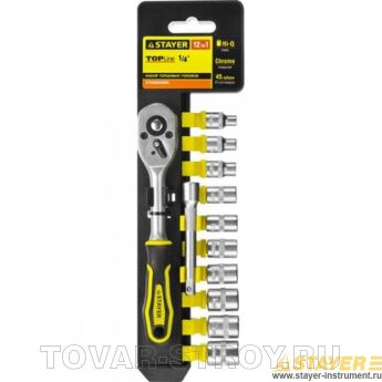 Набор STAYER 27754-H12 Торцовые головки (1/4") на пласт. рельсе, трещотка, удл., 4-13мм, 12 предметов