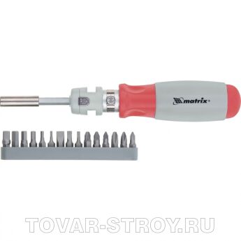 Отвертка реверсивная, телескопическая, силовой элемент под ключ, набор бит, CrV, 15 шт. MATRIX