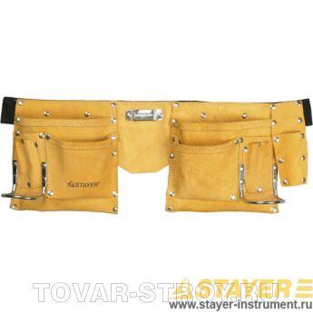 Пояс STAYER 38510 MASTER для инструментов, кожаный, 10 карманов, 2 скобы