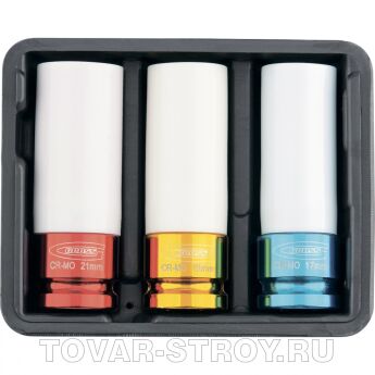 Набор ударных головок, удлиненн.,1/2'', 6-ти гранн., CrMo, 3 шт. 17мм; 19мм; 21мм GROSS